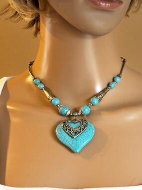 Boho Southwestern Faux Turquoise Heart Statement Necklace